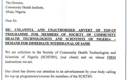The Society of Community Health has initiated legal action against the Community Health Institute and Community Health Board regarding allegedly unlawful top-up programs for Bachelor of Science (BSc) and Higher National Diploma (HND) holders