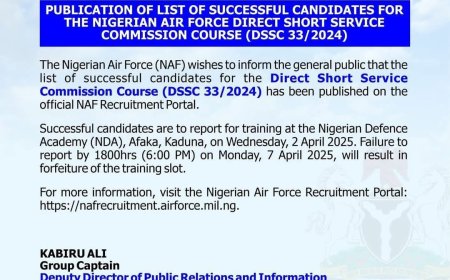 Publication of list of successful candidates for the Nigerian Air Force Direct Short Service Commission Course (DSSC 33/2024)