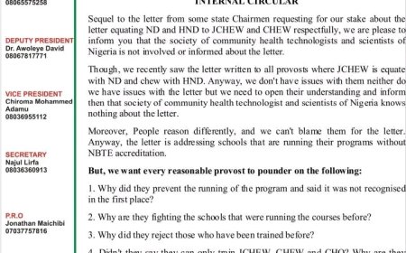 The Society of Community Health Technologists and Scientists of Nigeria has recently addressed growing concerns about the equivalence of National Diploma (ND) and Higher National Diploma (HND) qualifications with Junior Community Health Extension Worker (JCHEW) and Community Health Extension Worker (CHEW) certifications.